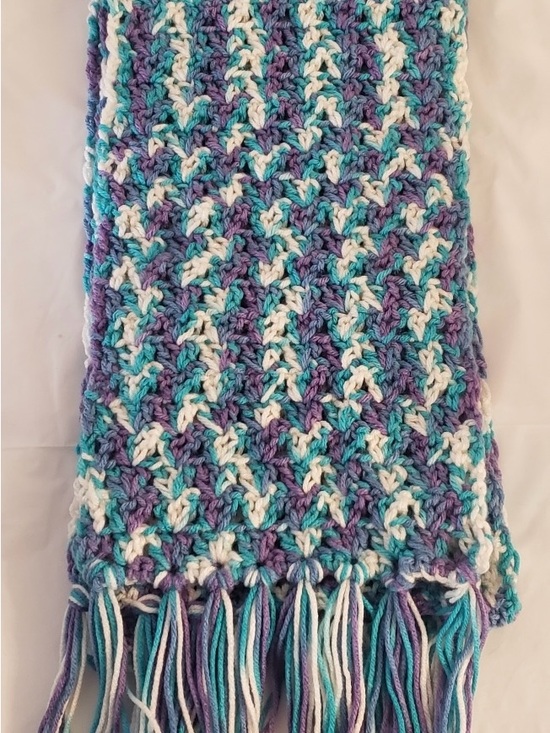 Handmade Accessories - Handmade Crochet Scarf in Teal, Purple & White - Cozy Women's Wrap 68”x8”
